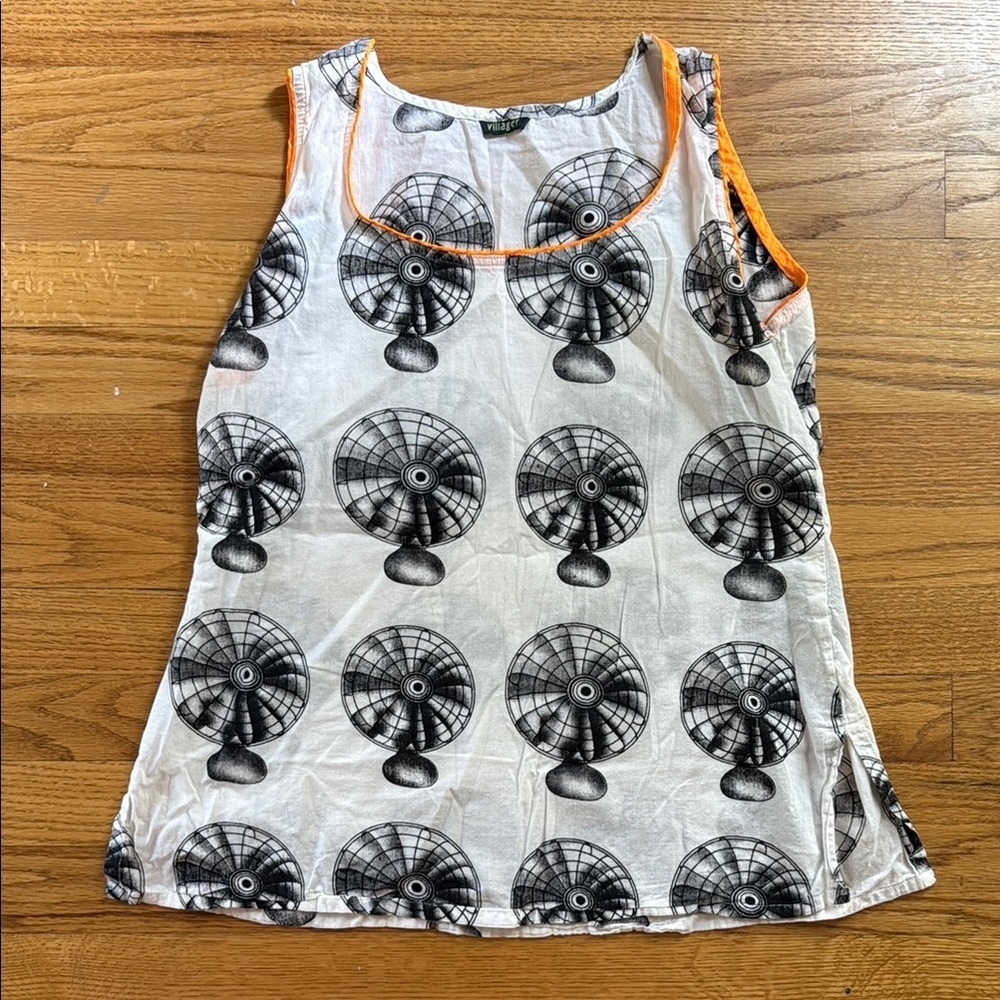Villager Sleeveless Top Tank Vintage Fan Print Women's Small Lightweight Woven